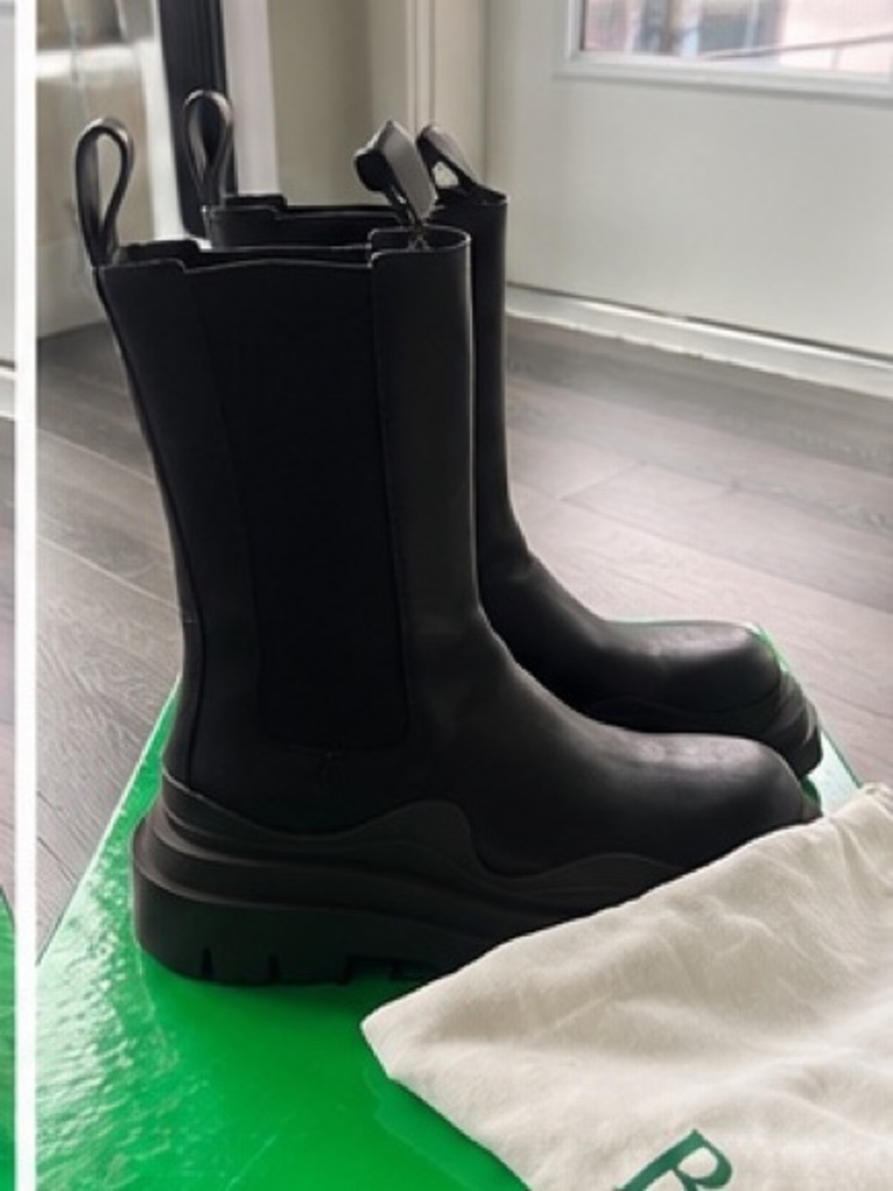 Bottega Veneta Black Leather Lug Chelsea Boots with Pull Tabs